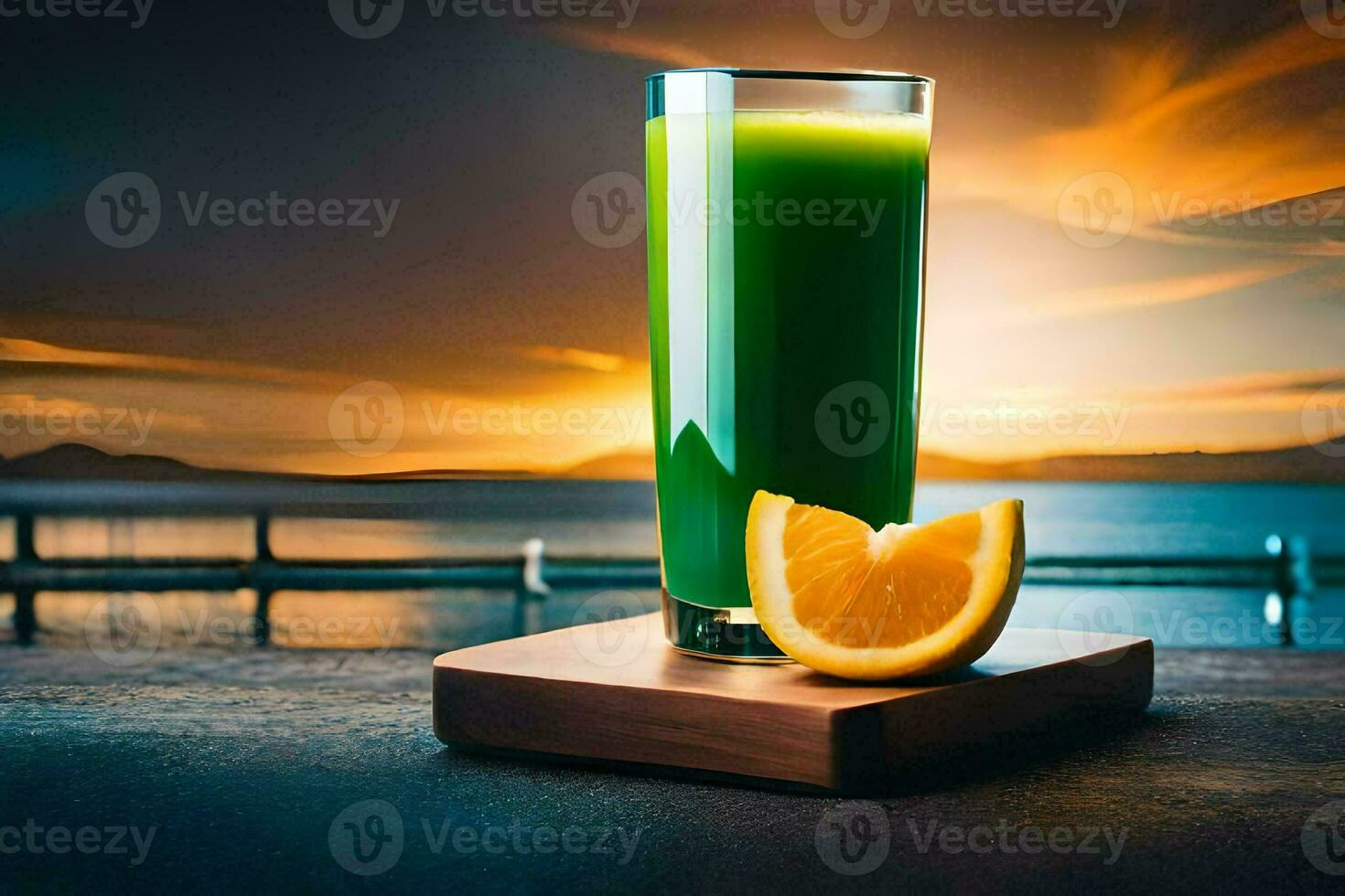 a glass of green juice with an orange slice on a wooden table. AI-Generated photo