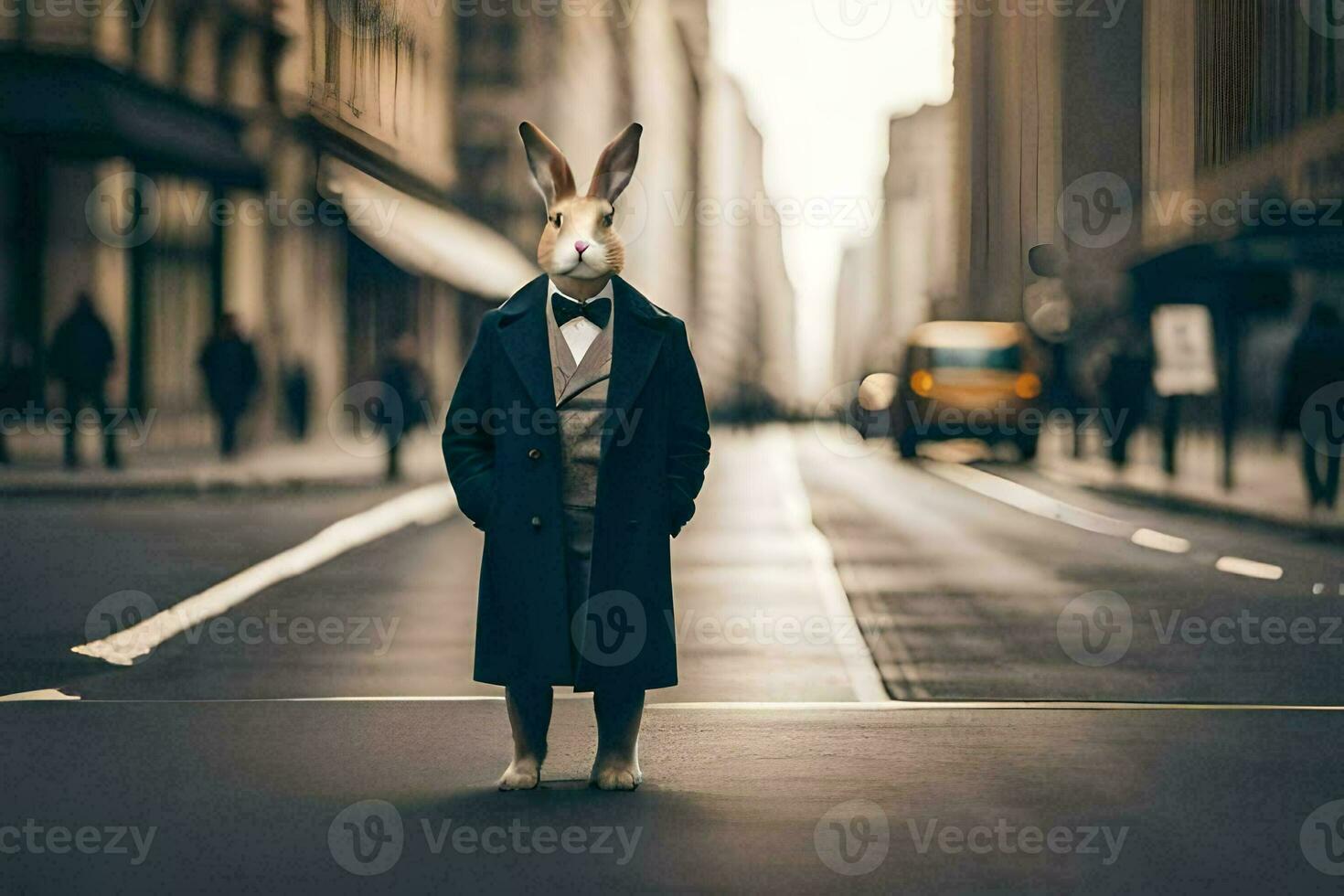 a rabbit wearing a suit and tie standing on the street. AI-Generated photo