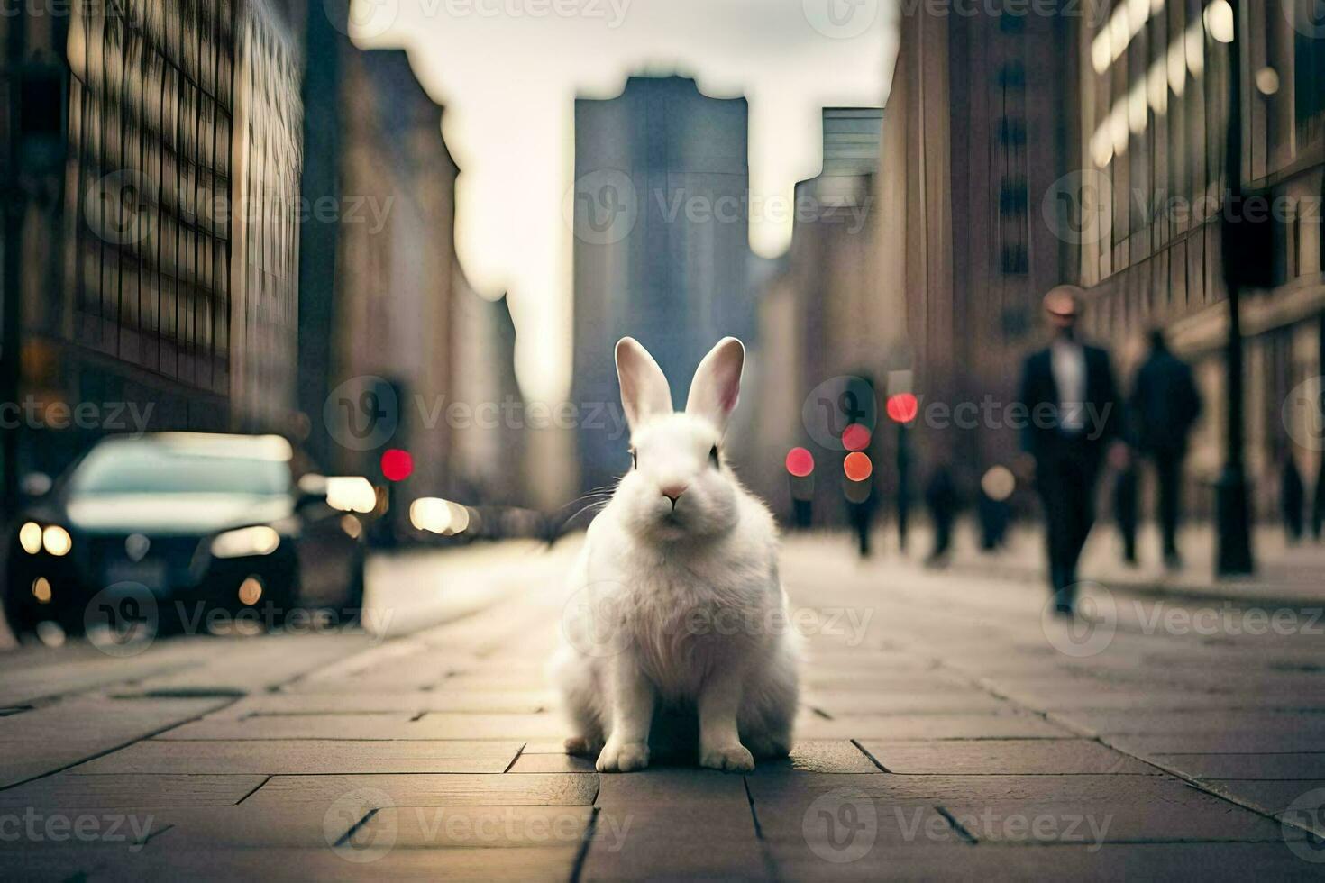 a white rabbit is sitting on the street in front of a city. AI-Generated photo