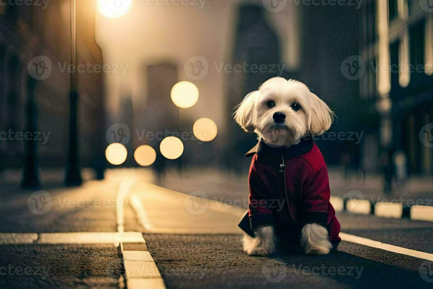 un pequeño blanco perro en un rojo chaqueta sentado en el calle. generado por ai foto