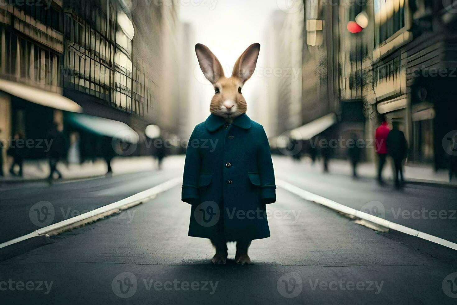 a rabbit in a blue coat standing in the middle of a city street. AI-Generated photo