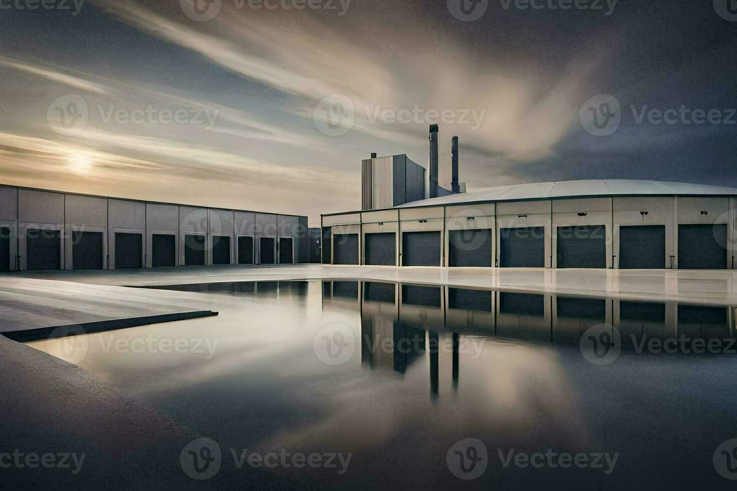 a large building with a pool in front of it. AI-Generated photo