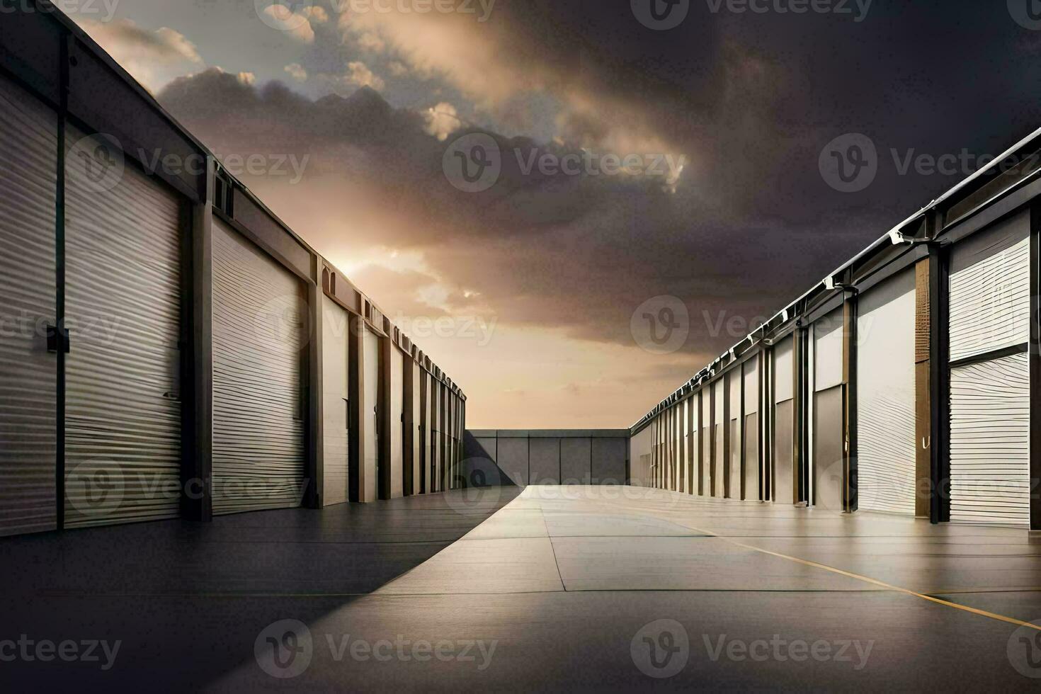 a long row of storage units with open doors. AI-Generated photo