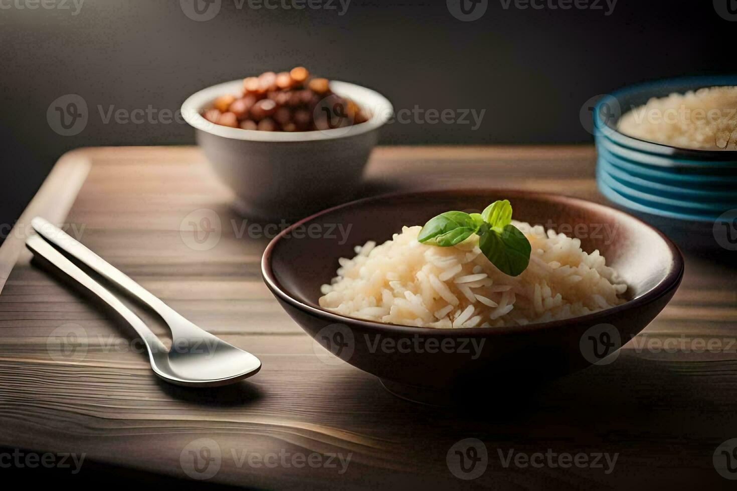 a bowl of rice with a spoon and spoons on a wooden table. AI-Generated photo