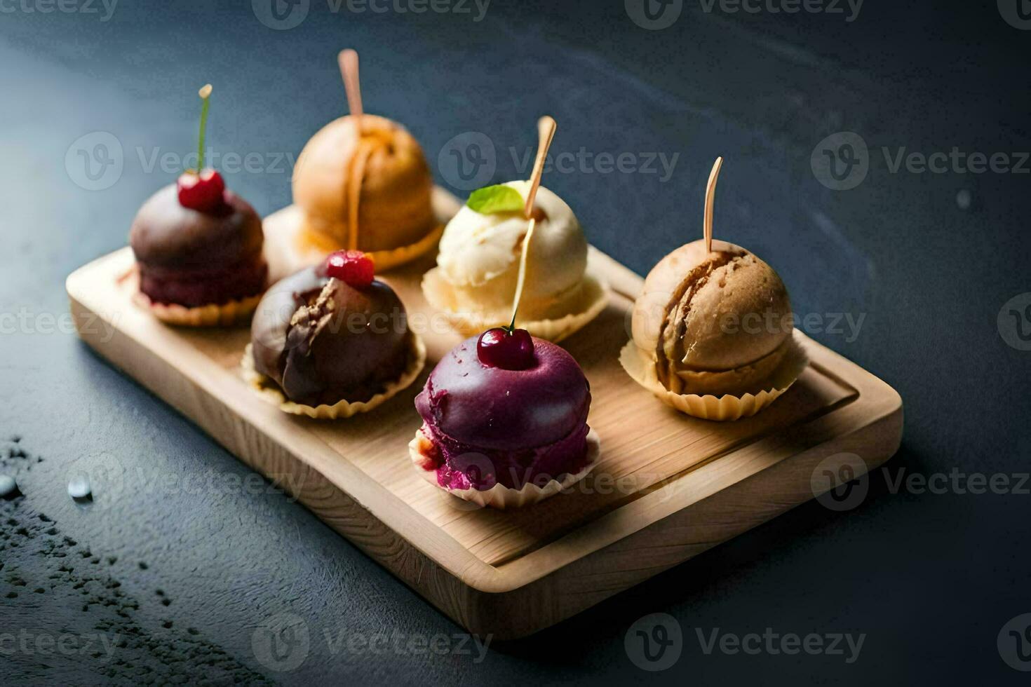a wooden tray with six different desserts. AI-Generated photo