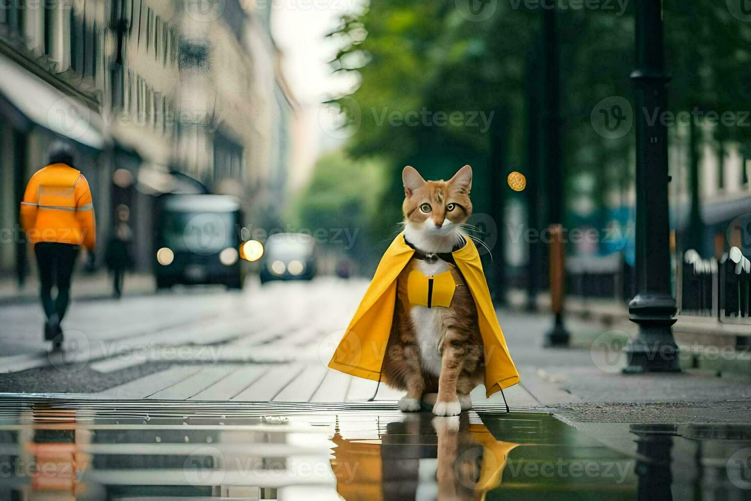 a cat wearing a yellow raincoat on a city street. AI-Generated photo