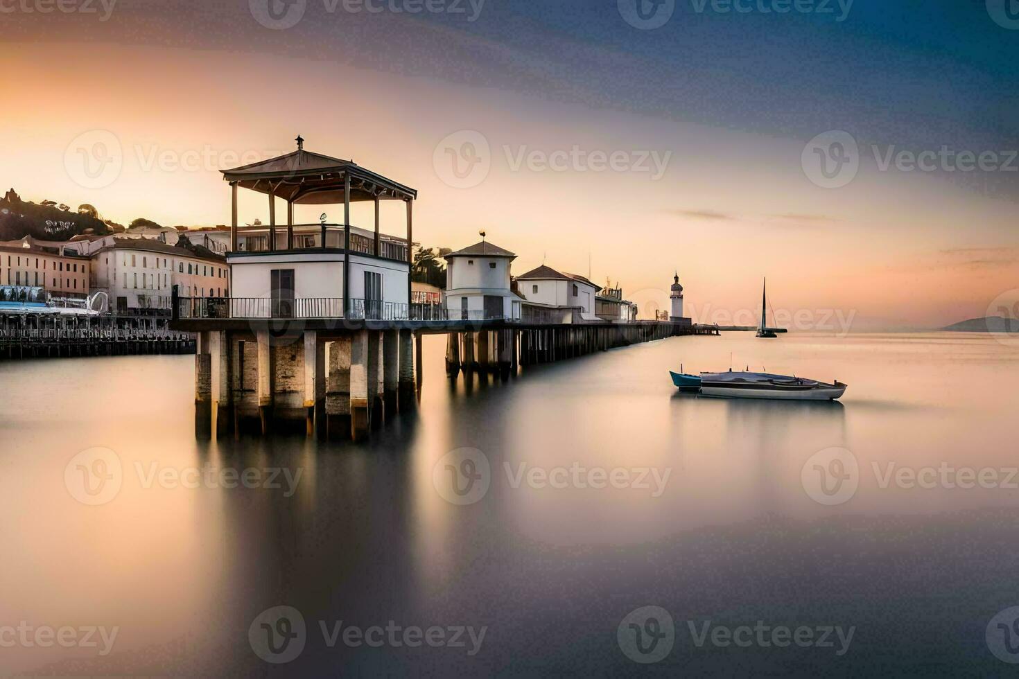 a boat is sitting on the pier at sunset. AI-Generated photo