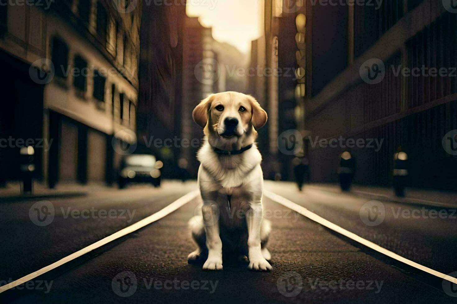 a dog sitting on the street in a city. AI-Generated photo