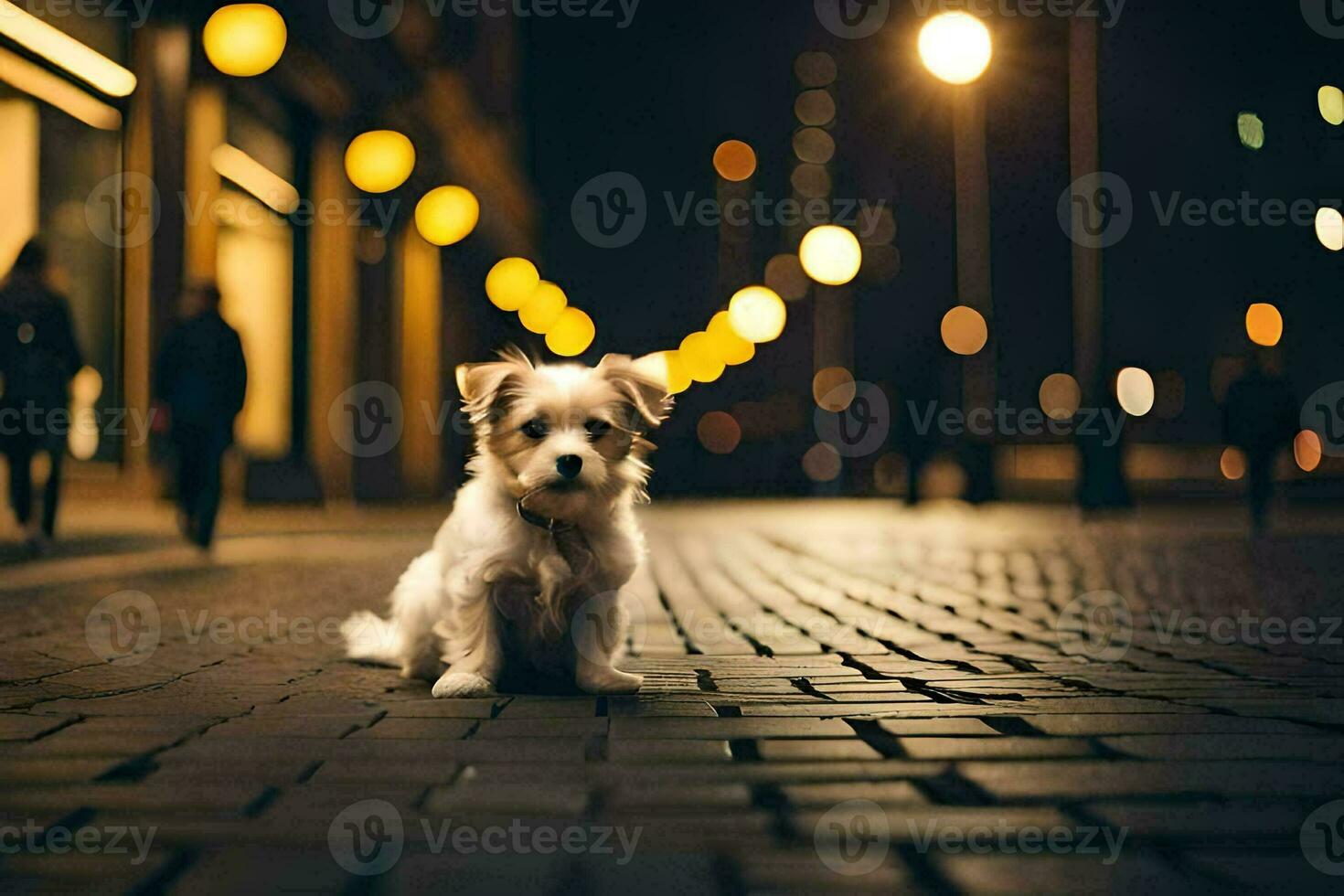 a small dog sitting on the street at night. AI-Generated photo