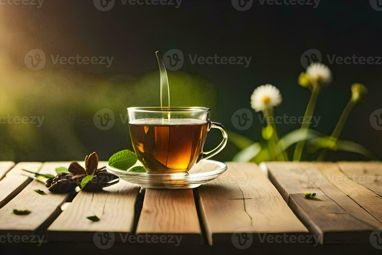 un taza de té en un de madera mesa. generado por ai foto