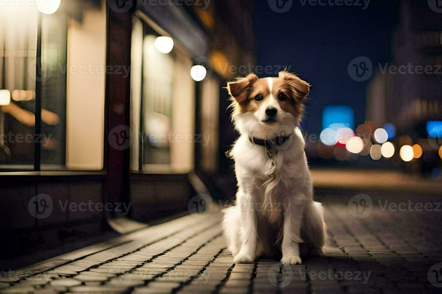 a dog sitting on a brick street at night. AI-Generated photo