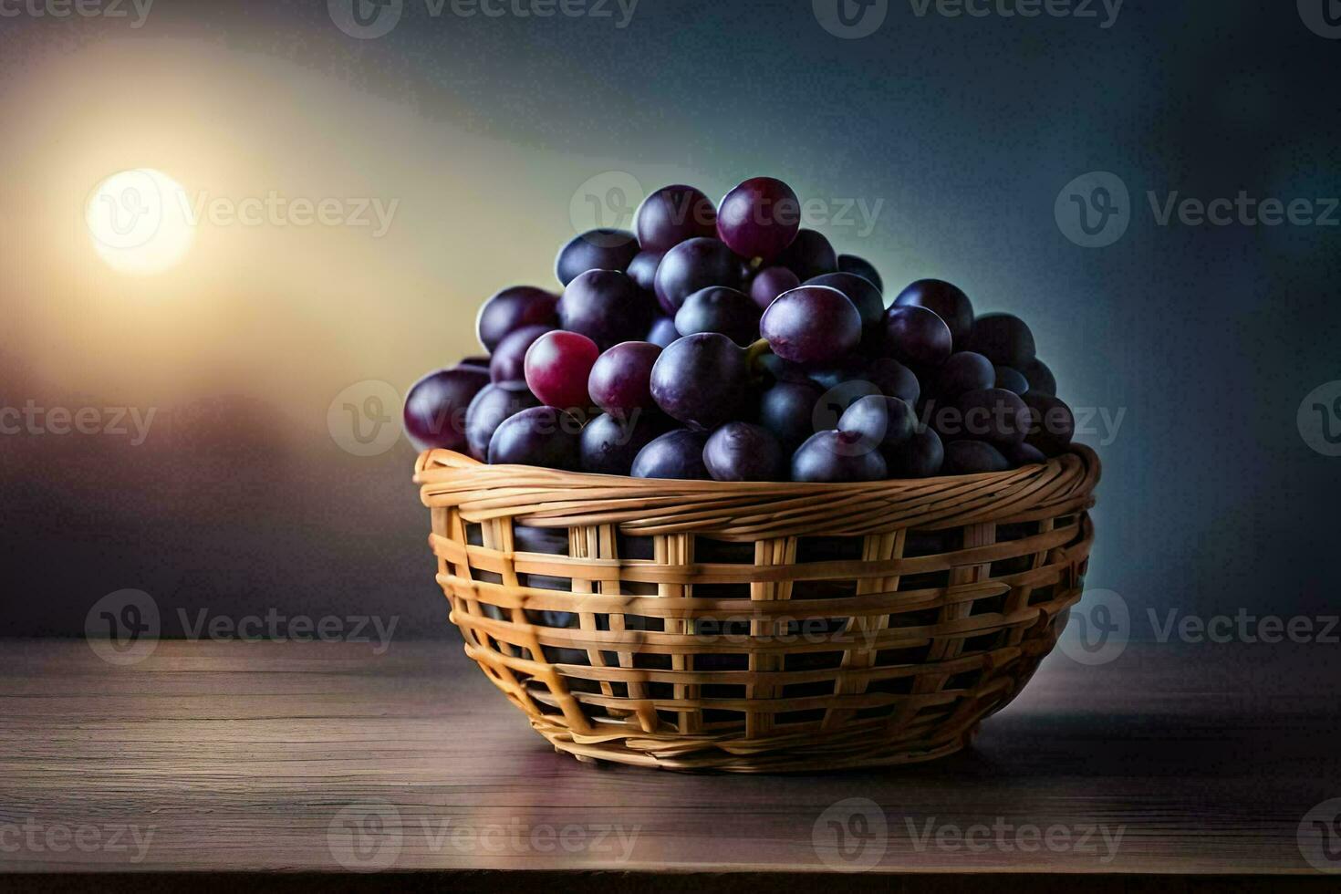grapes in a basket on a wooden table. AI-Generated photo