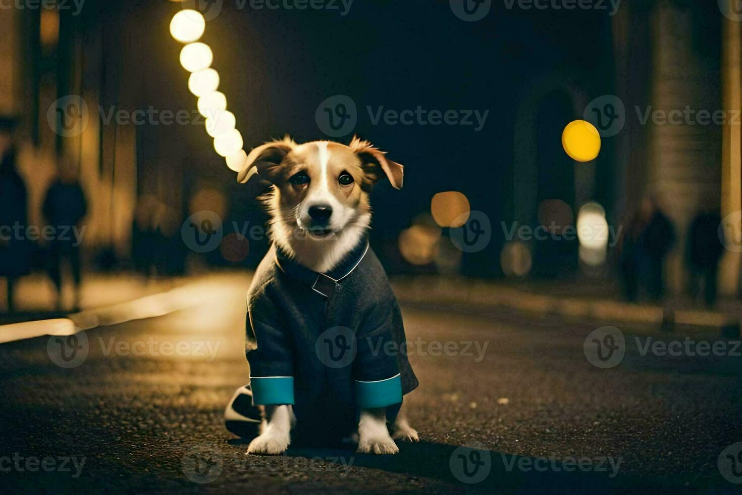 a dog in a jacket sitting on the street at night. AI-Generated photo
