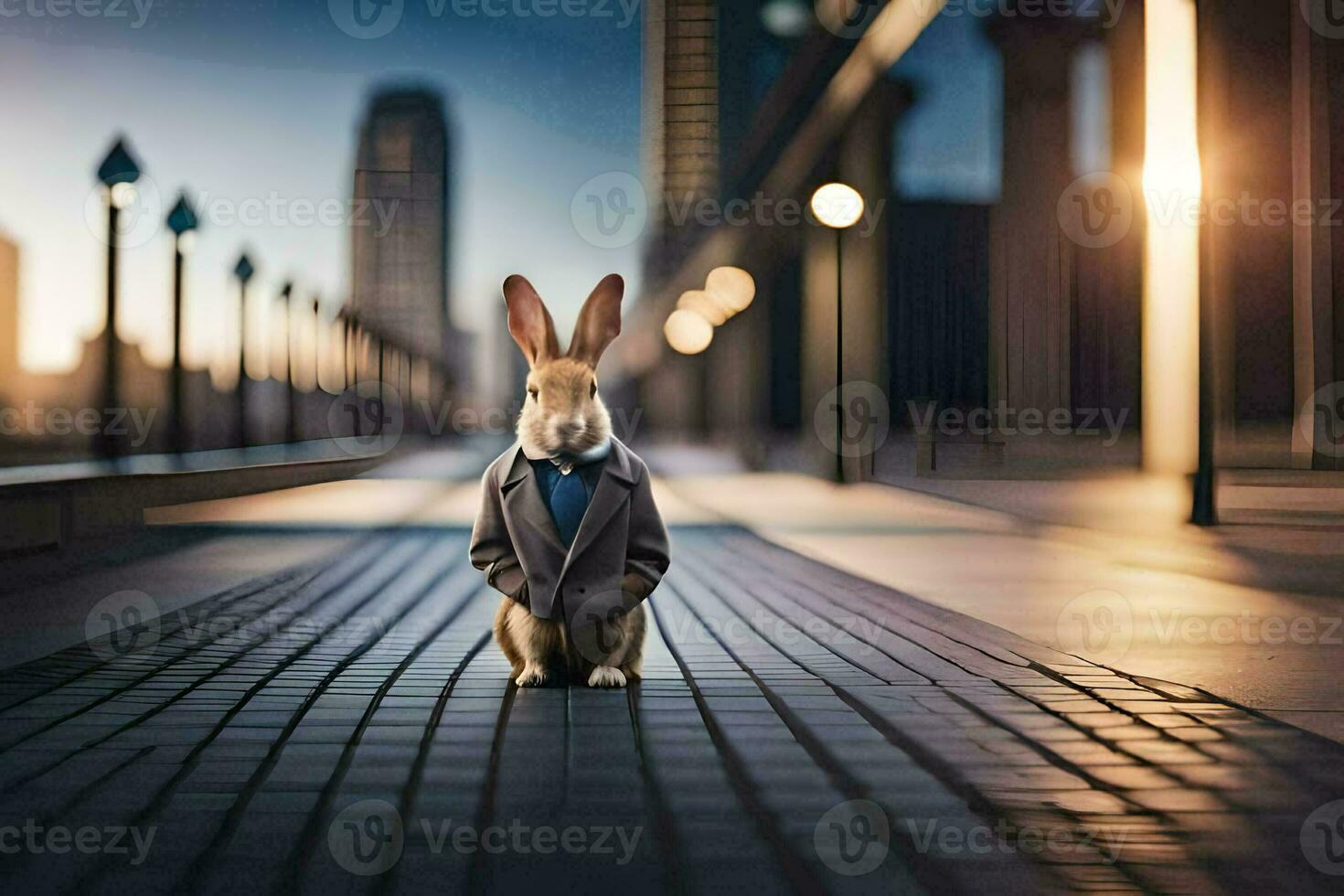 a rabbit wearing a suit and tie sits on a sidewalk. AI-Generated photo