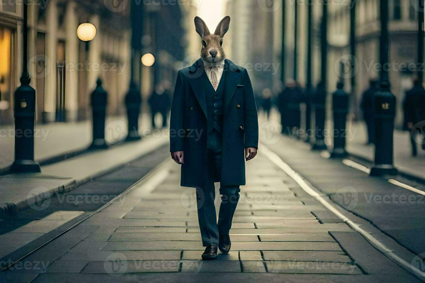 a rabbit wearing a suit and tie walking down a street. AI-Generated photo