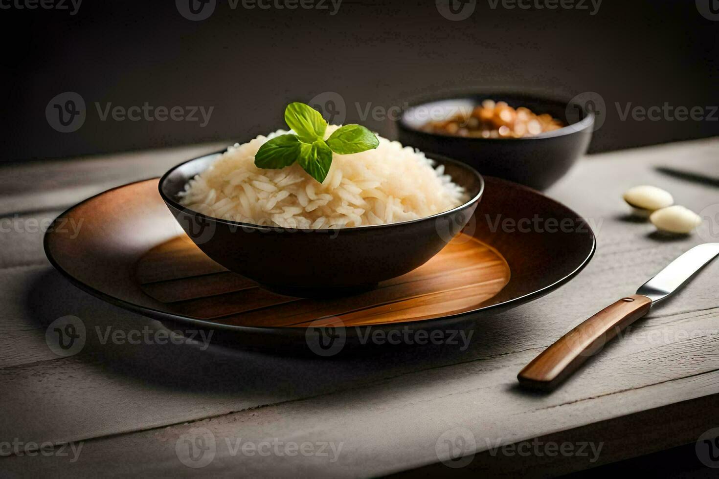 a plate with rice and a spoon on a wooden table. AI-Generated photo