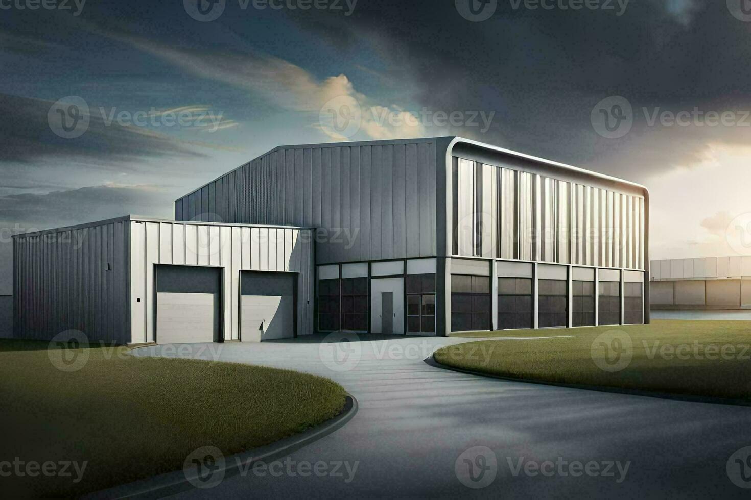 a modern industrial building with a driveway and garage. AI-Generated photo