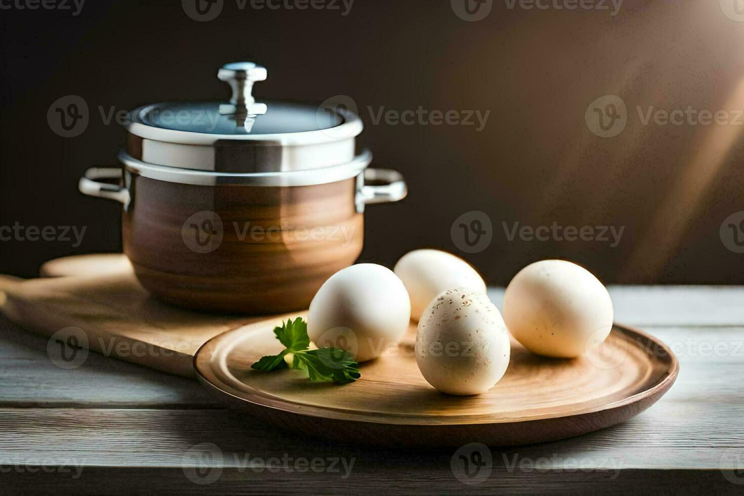 eggs on a wooden plate with a pot and a wooden spoon. AI-Generated photo