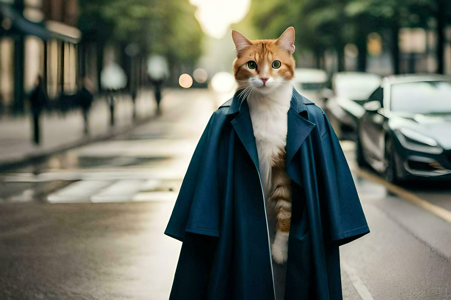 a cat in a blue coat standing on the street. AI-Generated photo