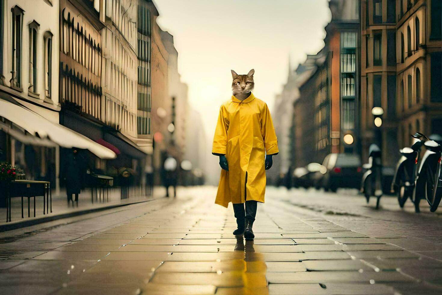 a fox in a yellow raincoat walking down a street. AI-Generated photo