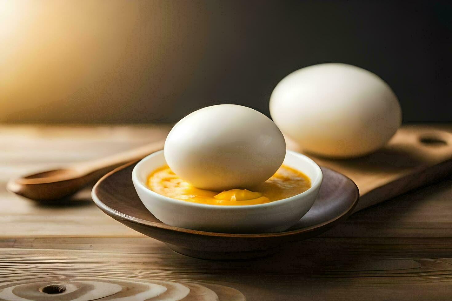 two eggs in a bowl with a spoon. AI-Generated photo