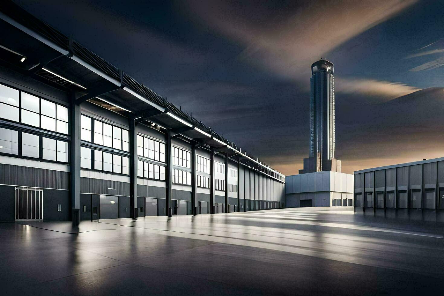 a large industrial building with a clock tower in the background. AI-Generated photo