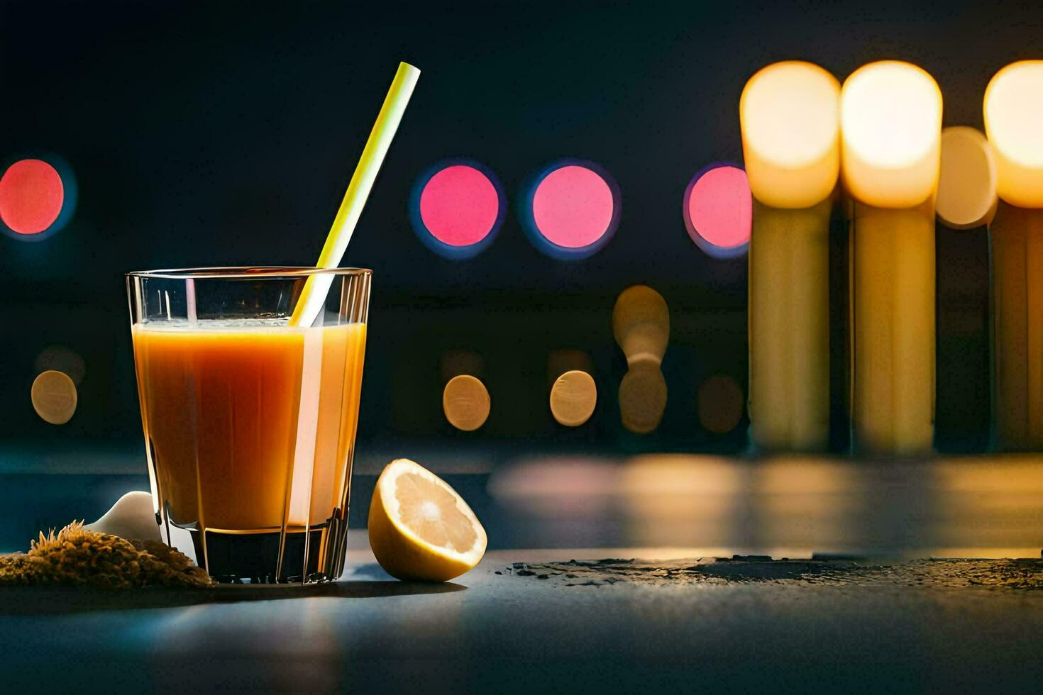 a glass of orange juice with a straw. AI-Generated photo