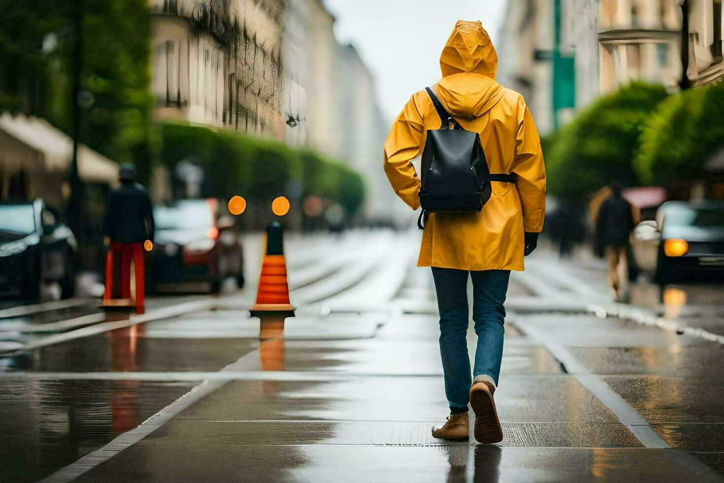 a person in a yellow raincoat walking down a street. AI-Generated photo