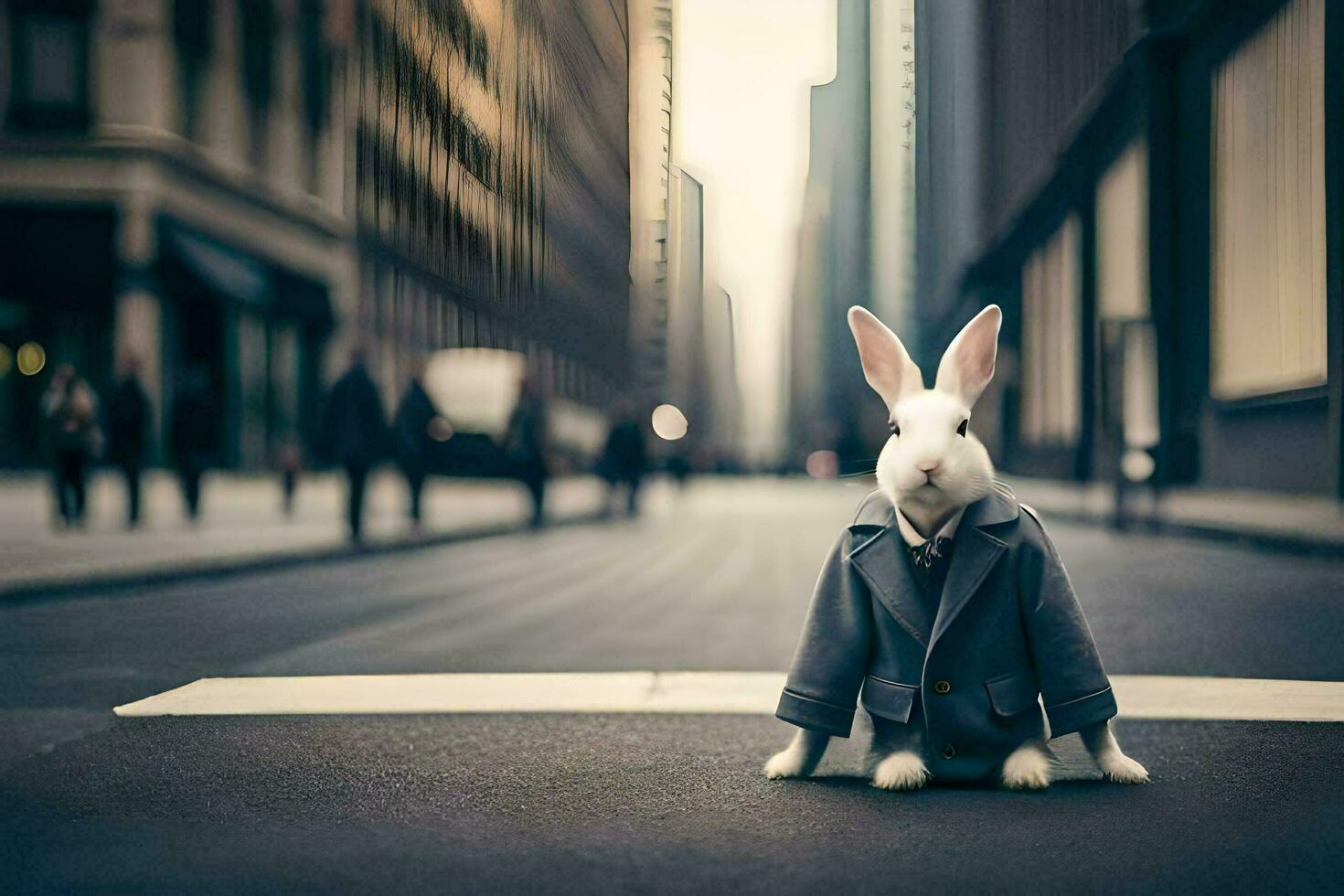 a rabbit wearing a suit and tie sits on the street. AI-Generated photo