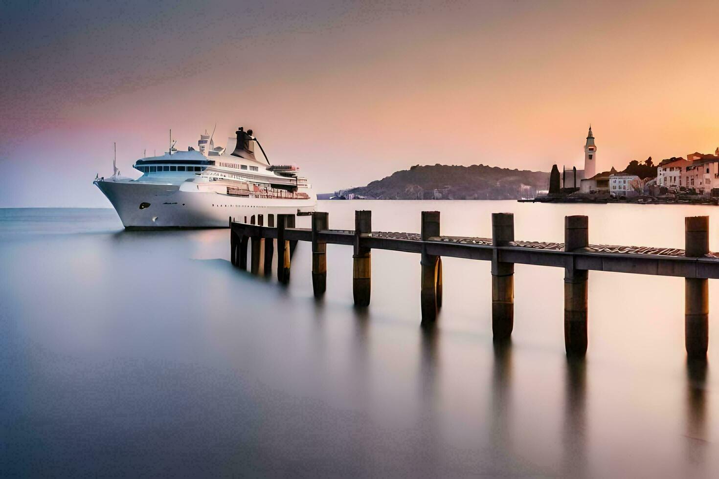 cruise ship docked at pier at sunset. AI-Generated photo