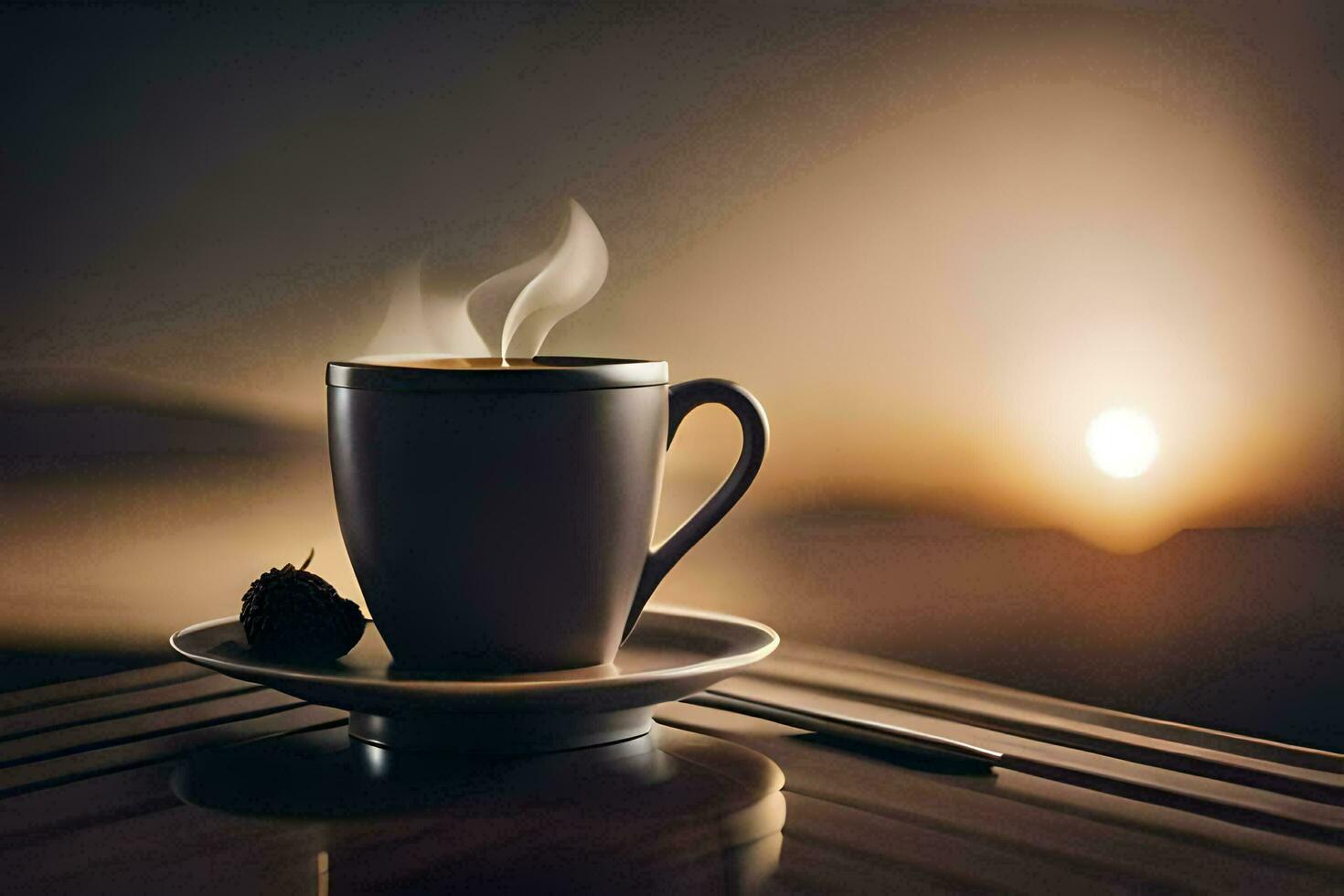 a cup of coffee on a table with a sunset in the background. AI-Generated photo