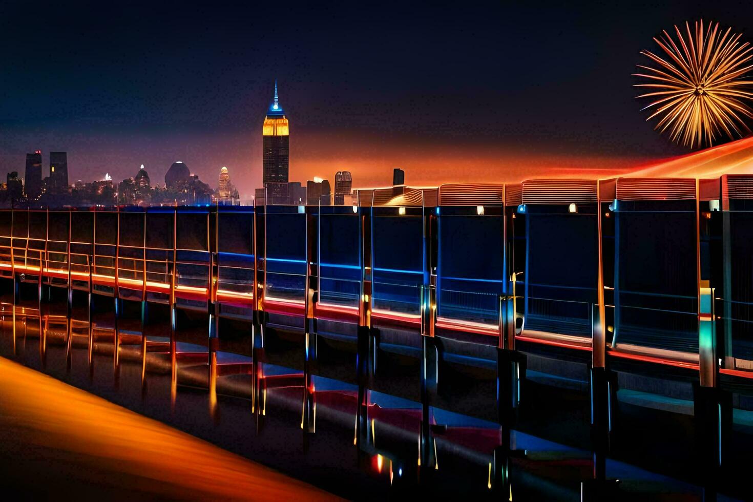 fuegos artificiales terminado el agua con un ciudad horizonte en el antecedentes. generado por ai foto