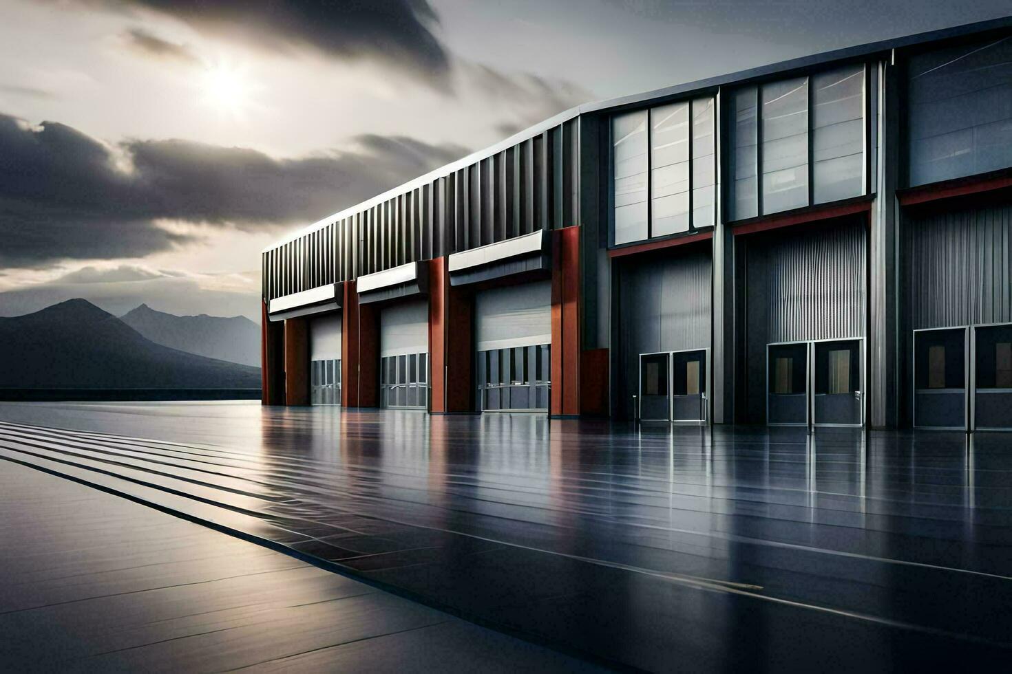 a large industrial building with a sky background. AI-Generated photo