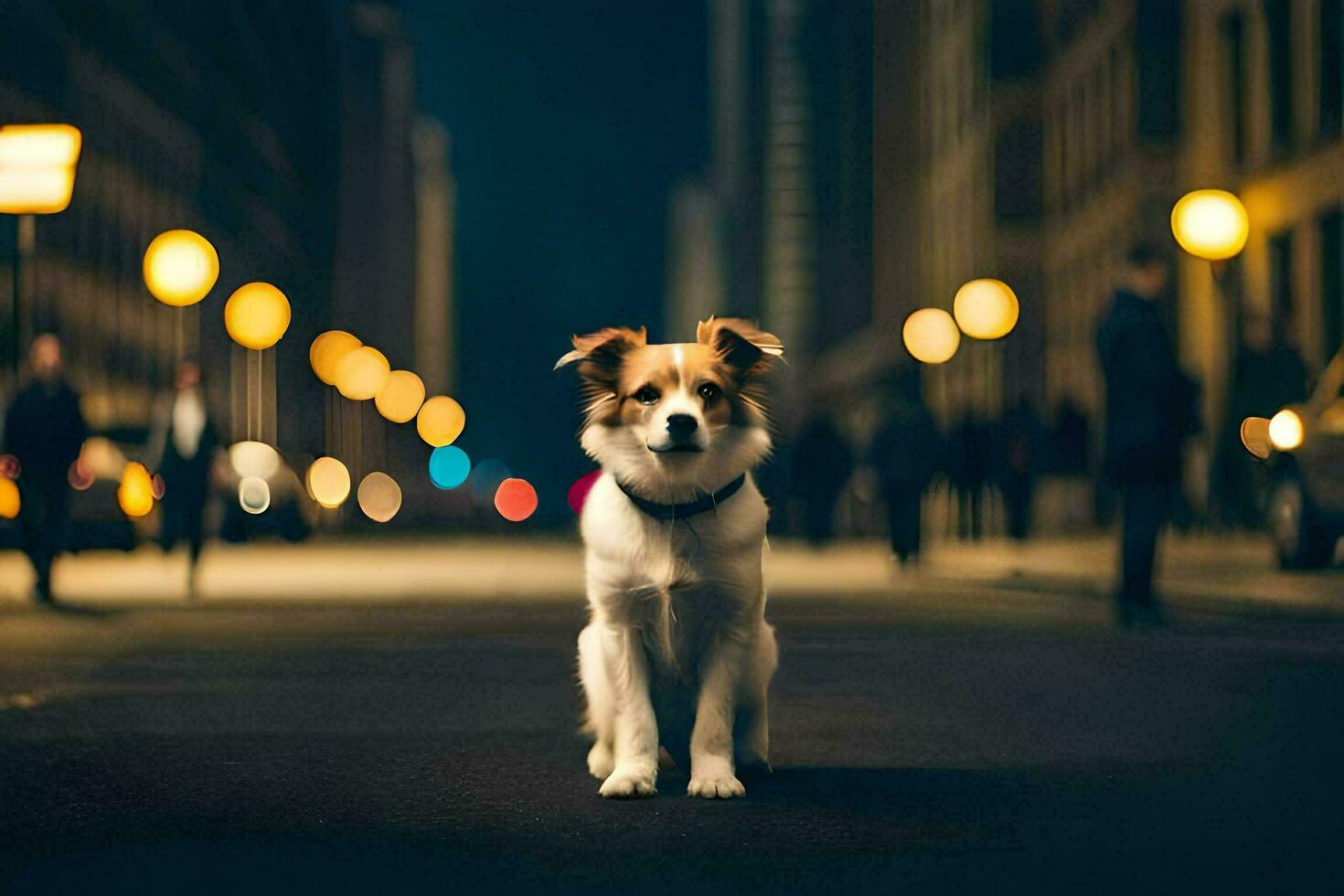 a dog sitting on the street at night. AI-Generated photo