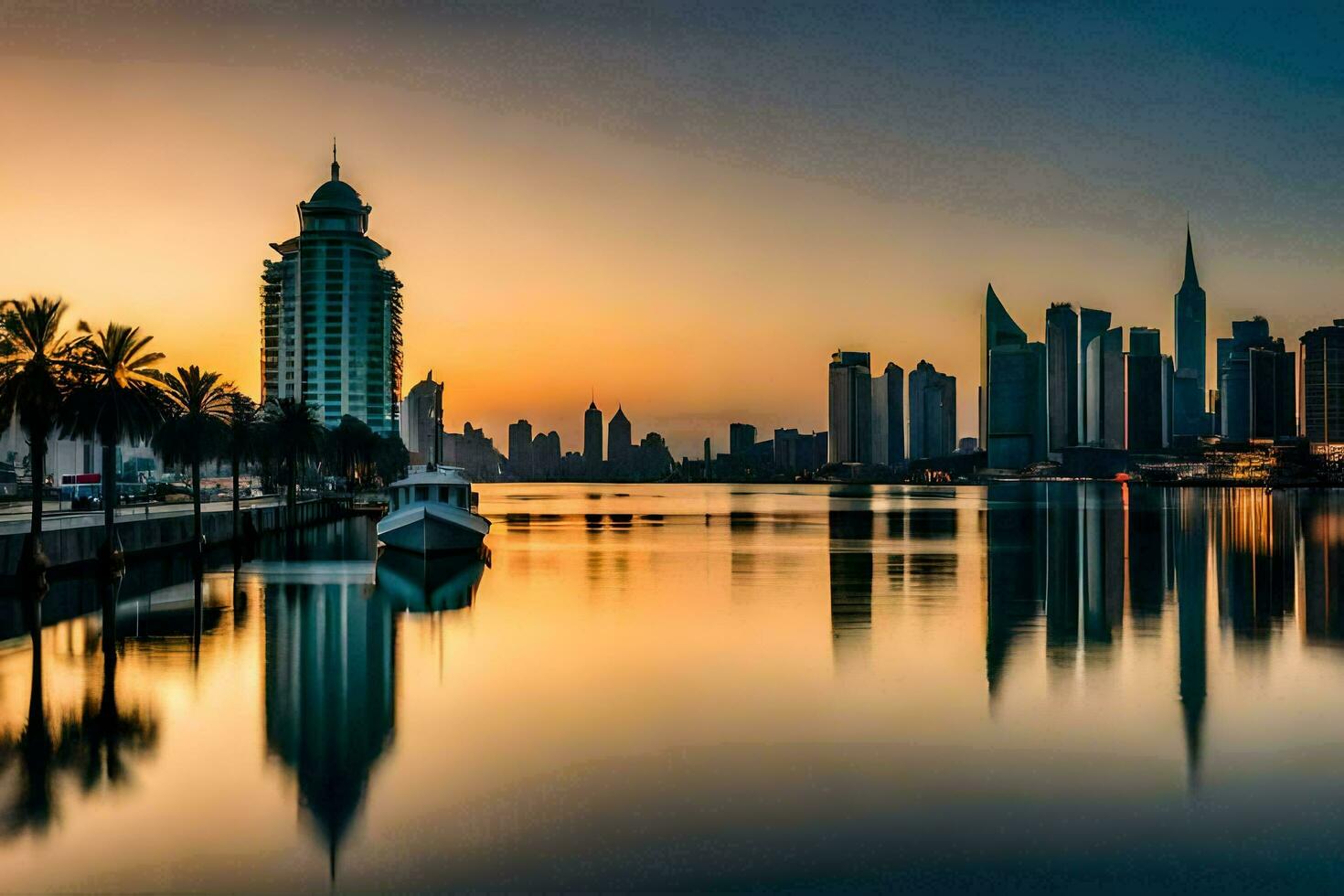 the city skyline is reflected in the water at sunset. AI-Generated photo