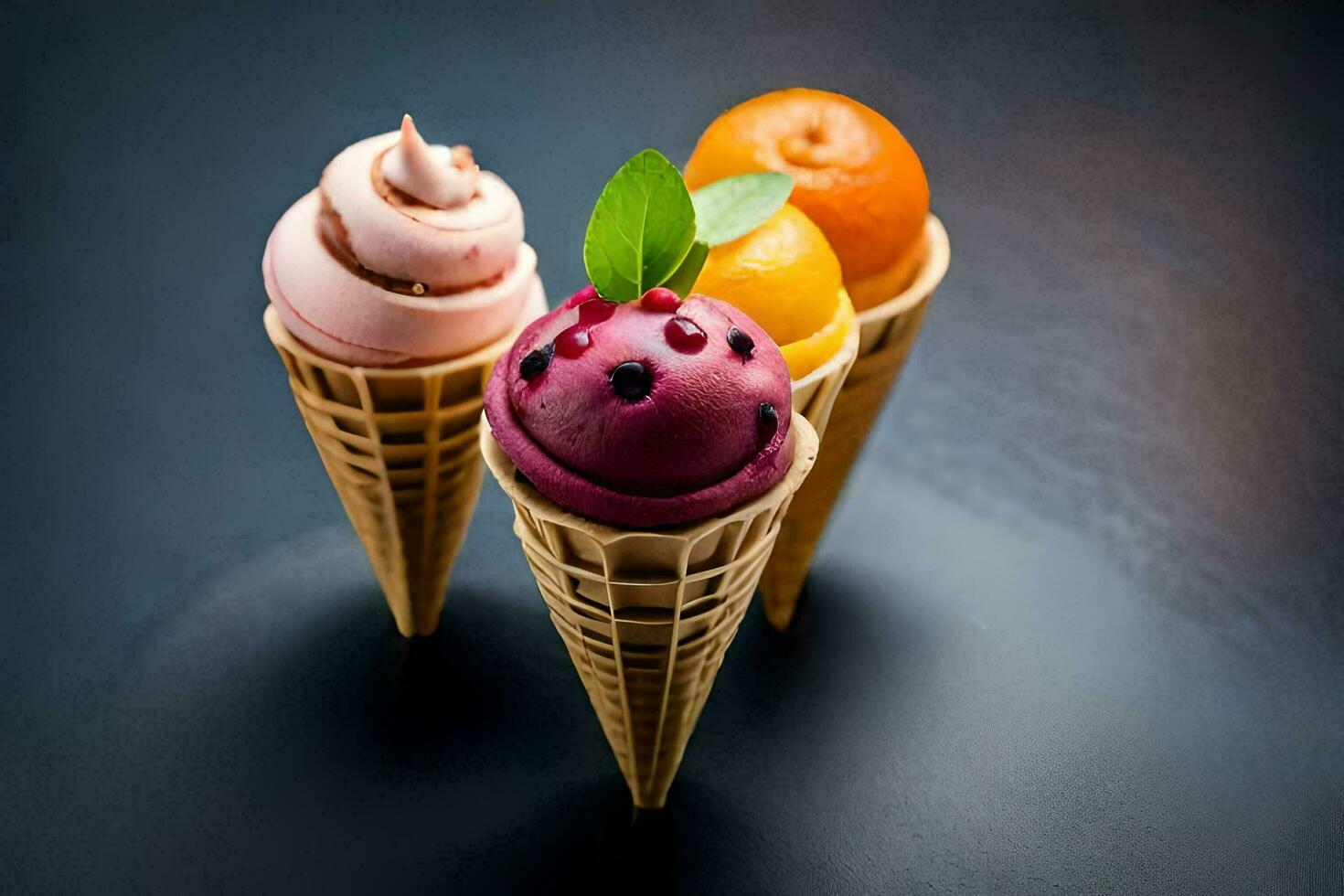 three ice cream cones with different flavors. AI-Generated photo