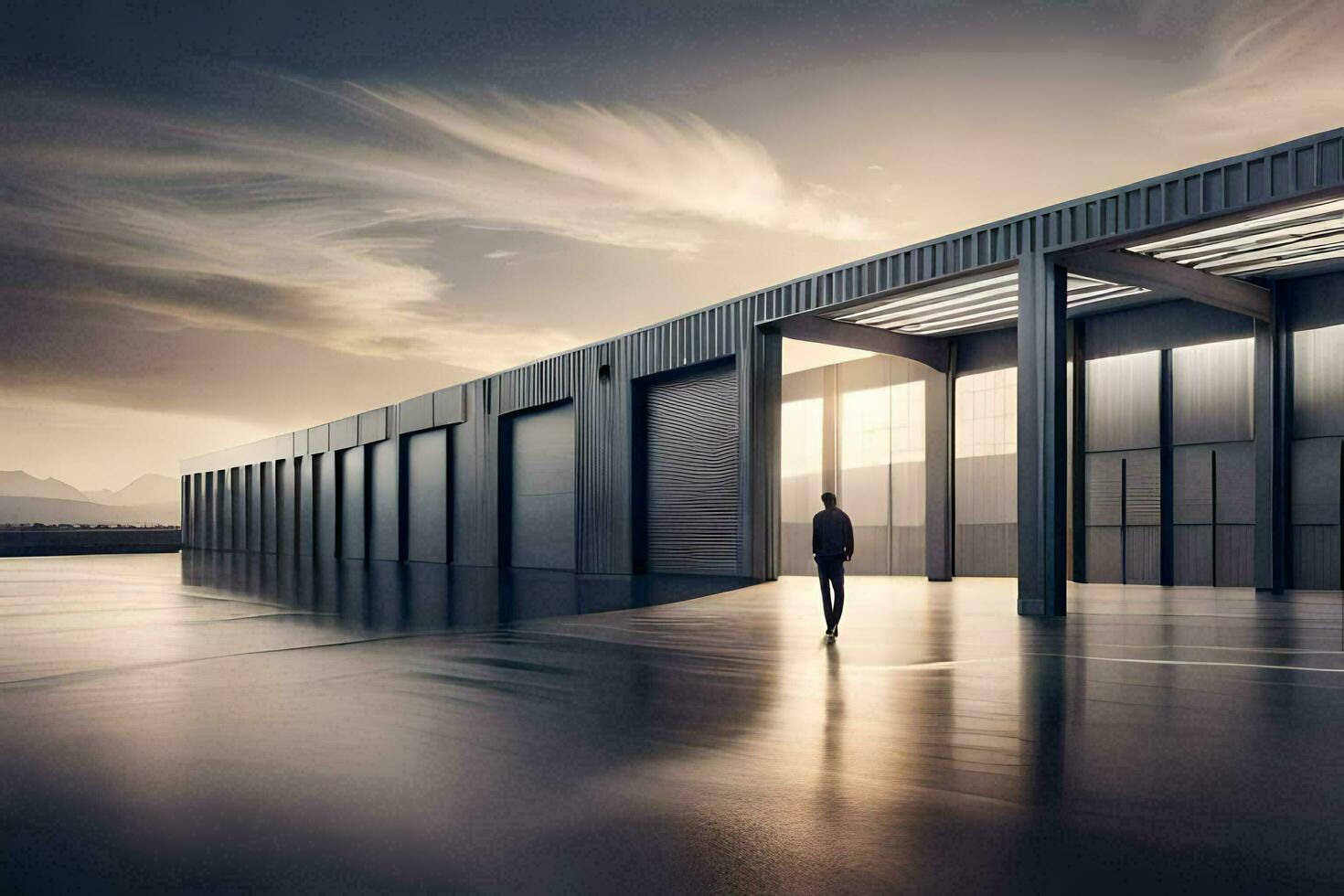 a man walking through an empty warehouse. AI-Generated photo