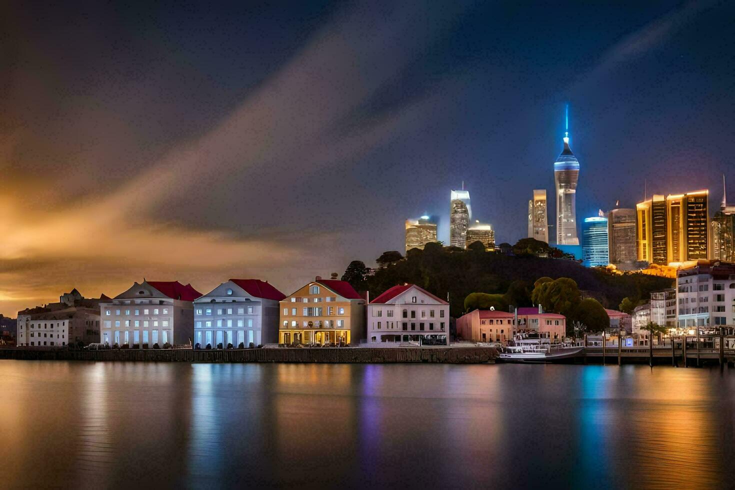 the city skyline at night with the water and buildings. AI-Generated photo