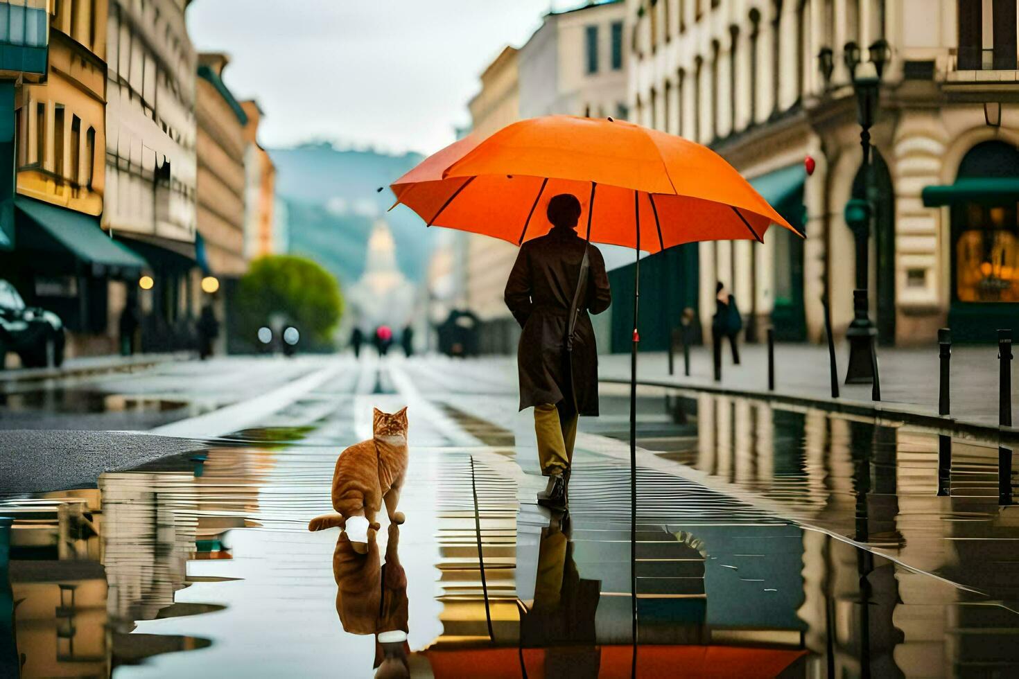 a person walking with an orange umbrella and a cat. AI-Generated photo