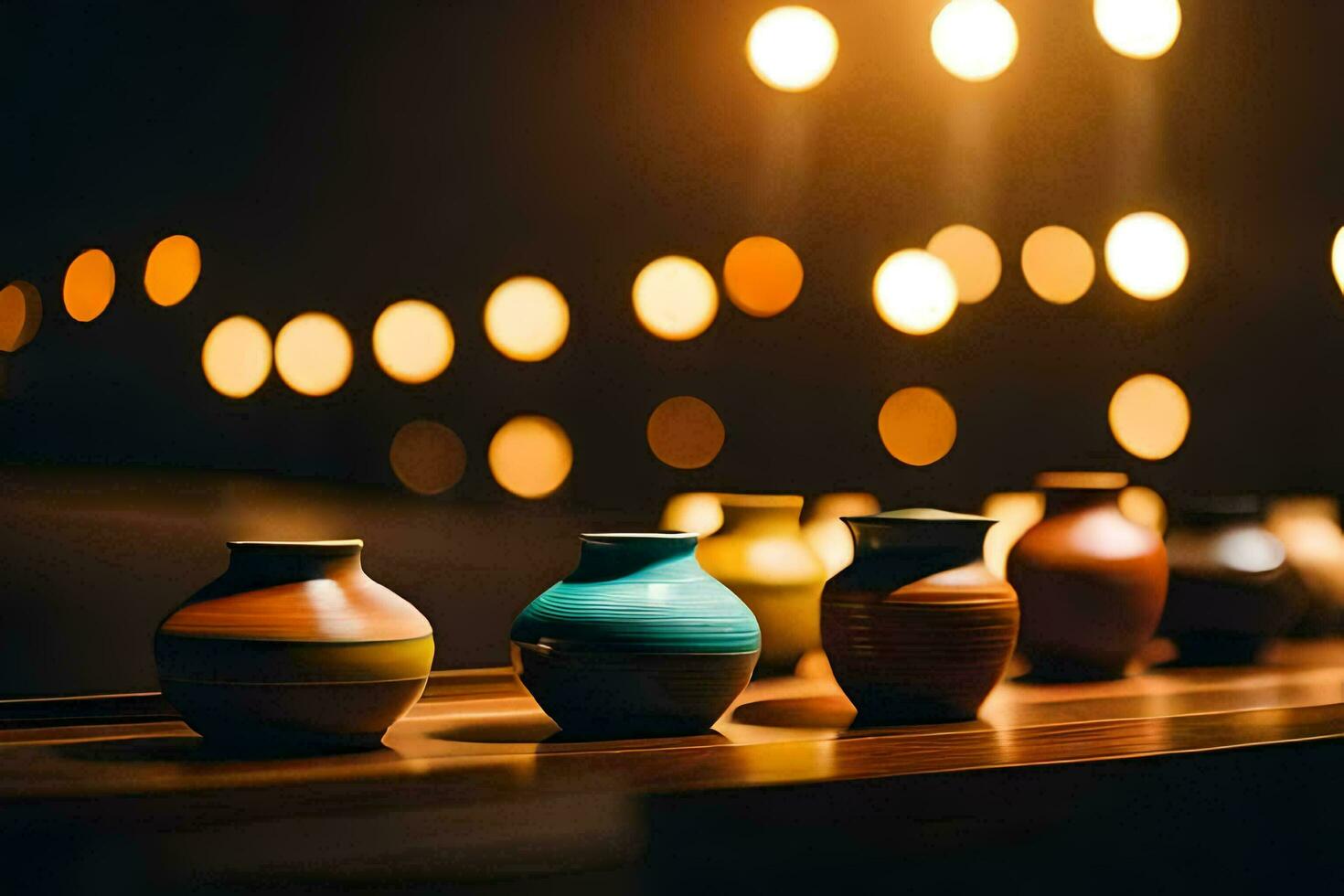 a row of vases on a table with lights in the background. AI-Generated photo