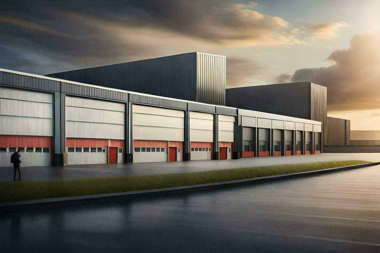 a large industrial building with two doors and a man walking in front of it. AI-Generated photo