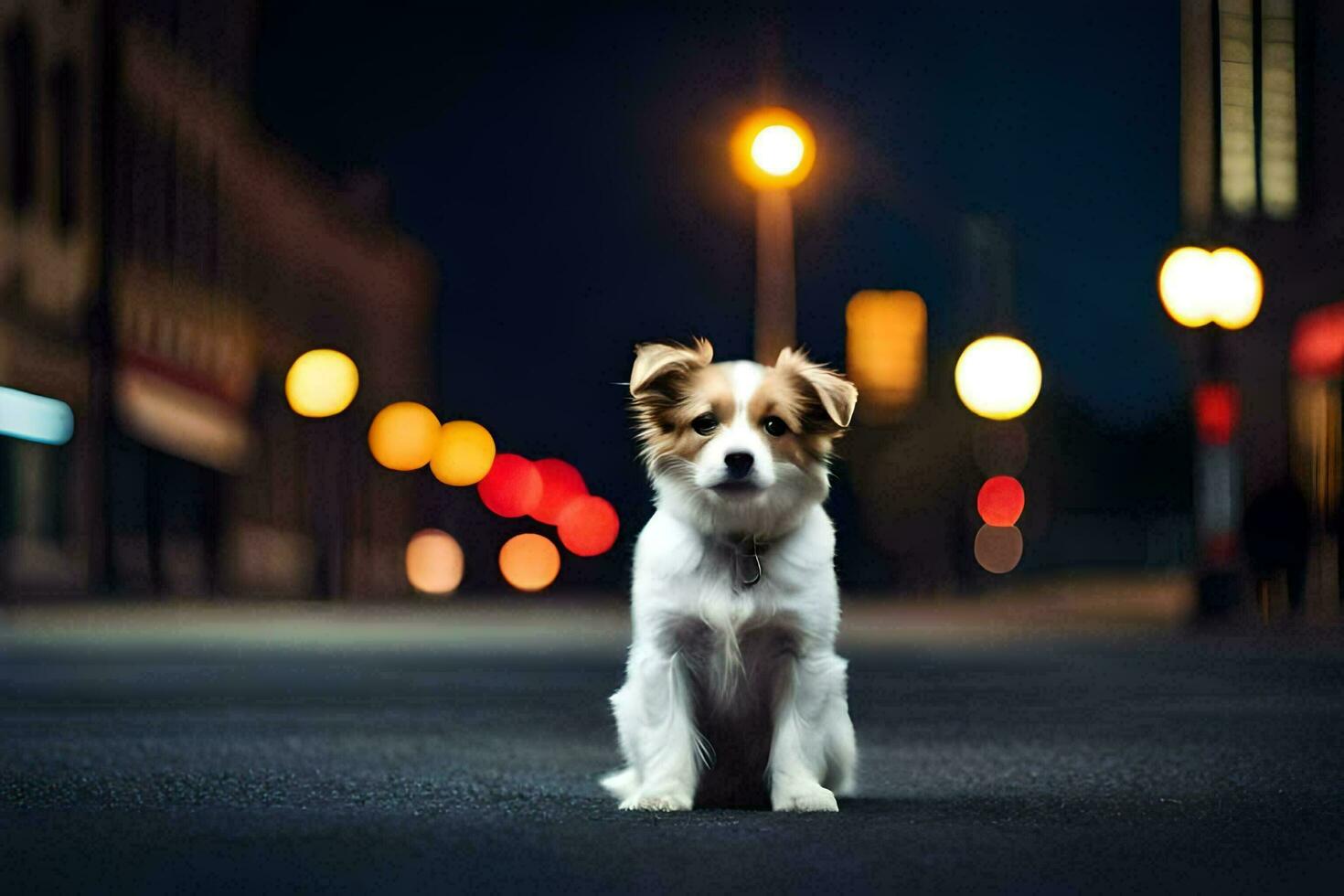 a dog sitting on the street at night. AI-Generated photo