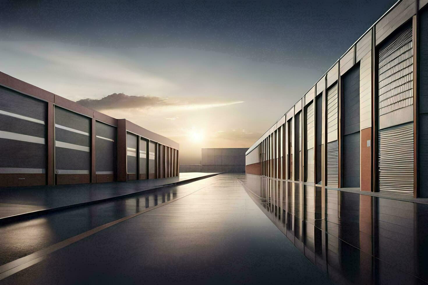 a long row of storage units with the sun setting behind them. AI-Generated photo