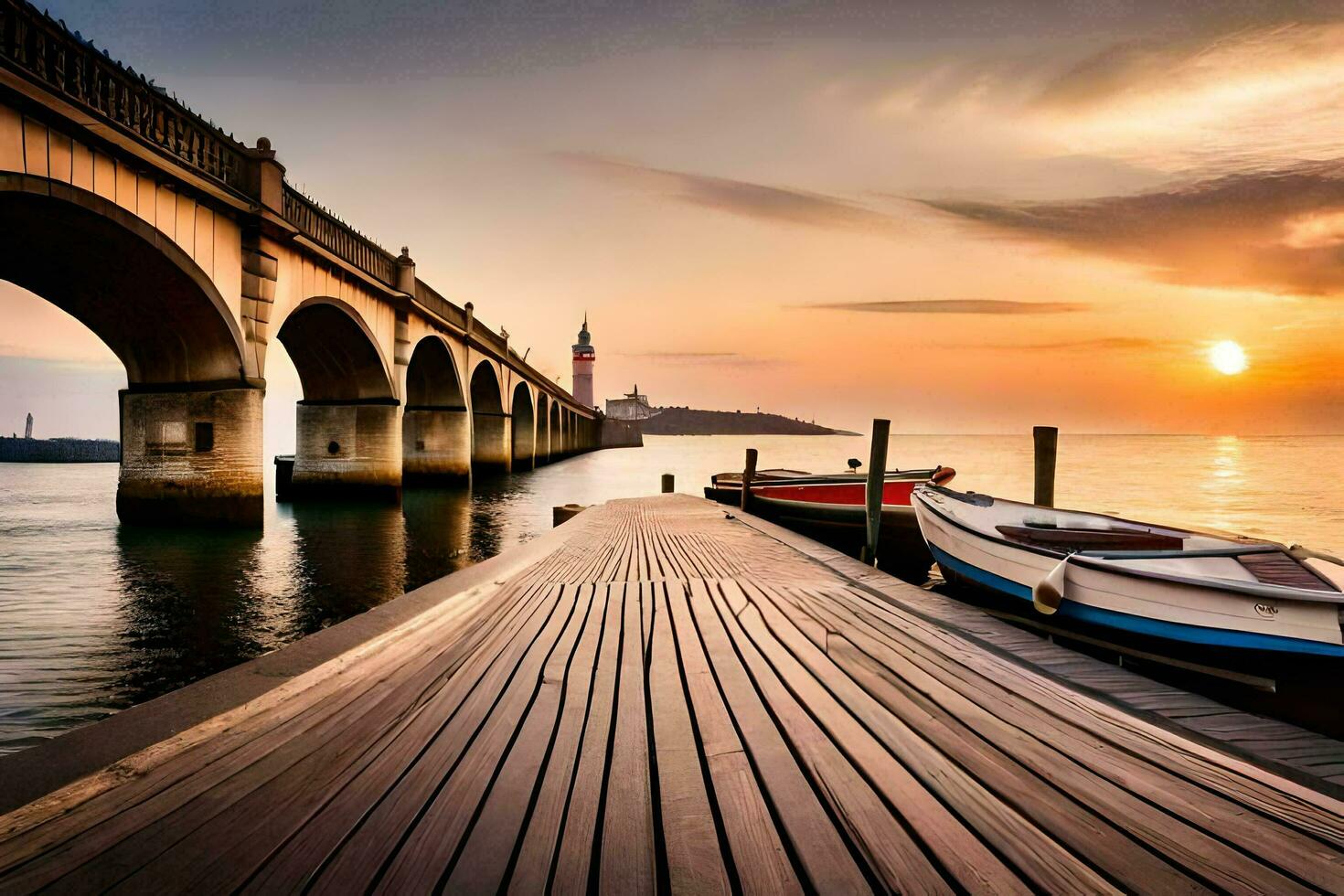 a bridge over the water with boats docked on it. AI-Generated photo