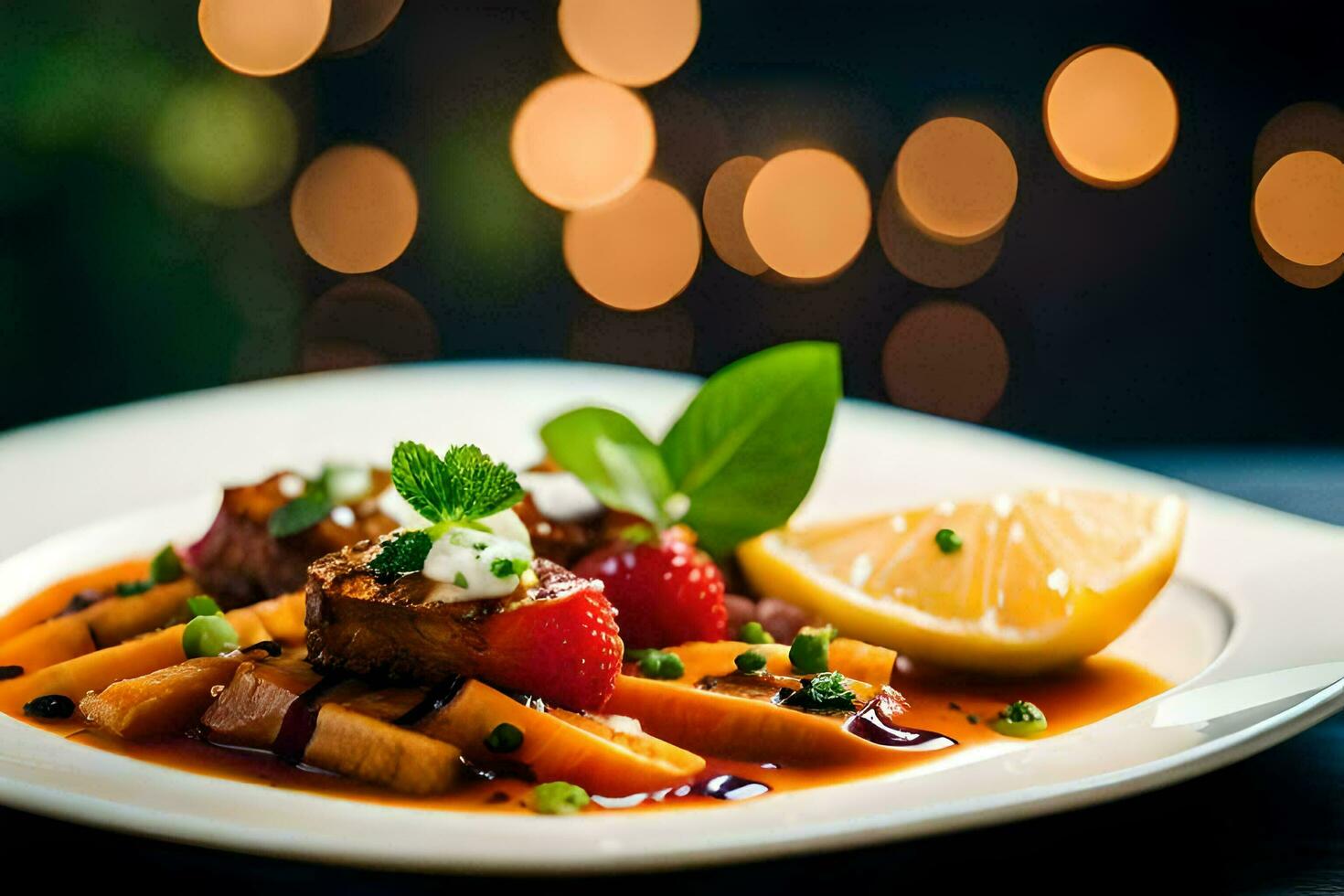 a plate of food with meat, vegetables and a lemon. AI-Generated photo