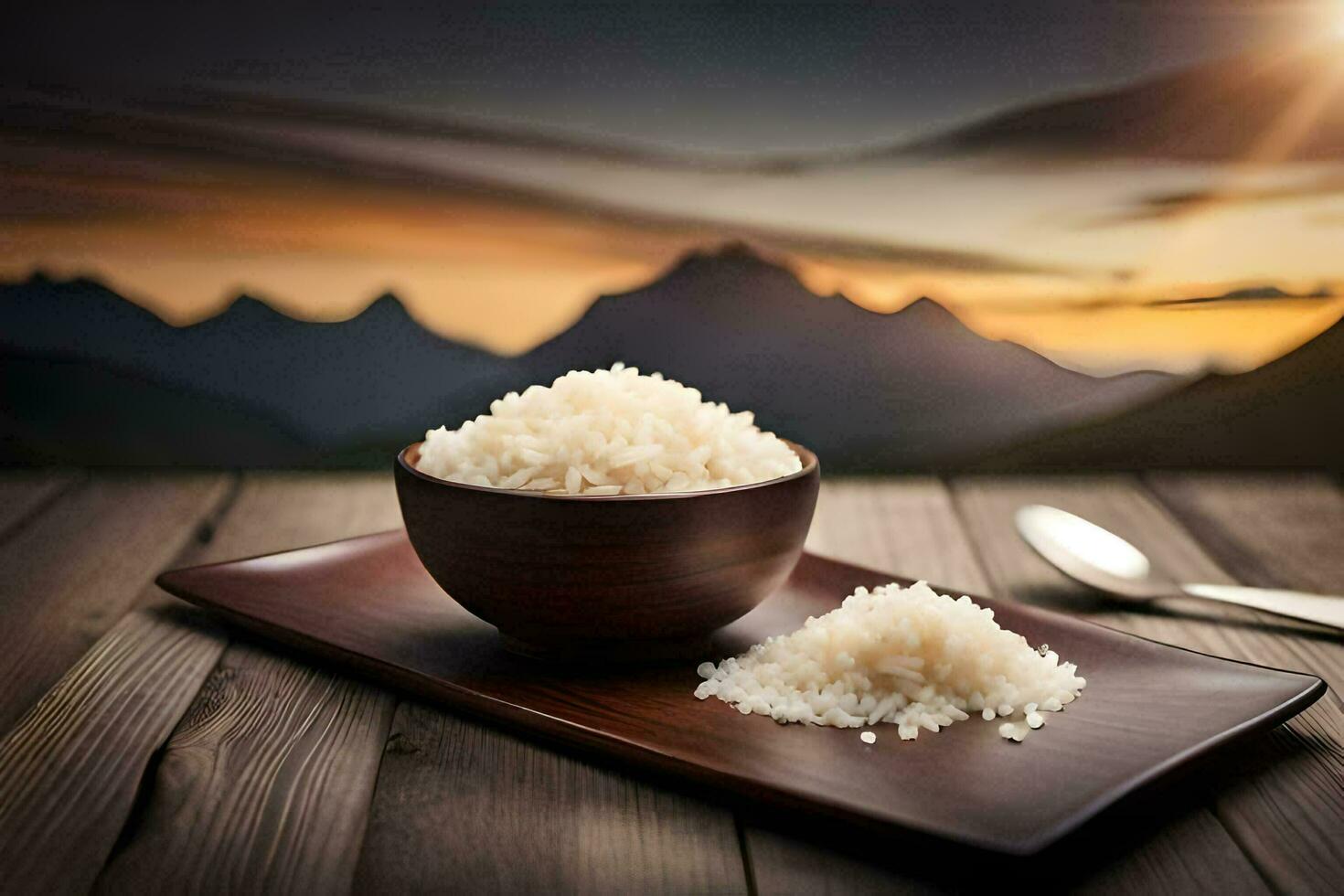 rice in a bowl on a wooden table. AI-Generated photo