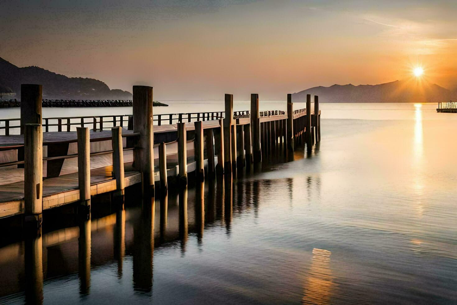 the sun rises over a pier in the water. AI-Generated photo