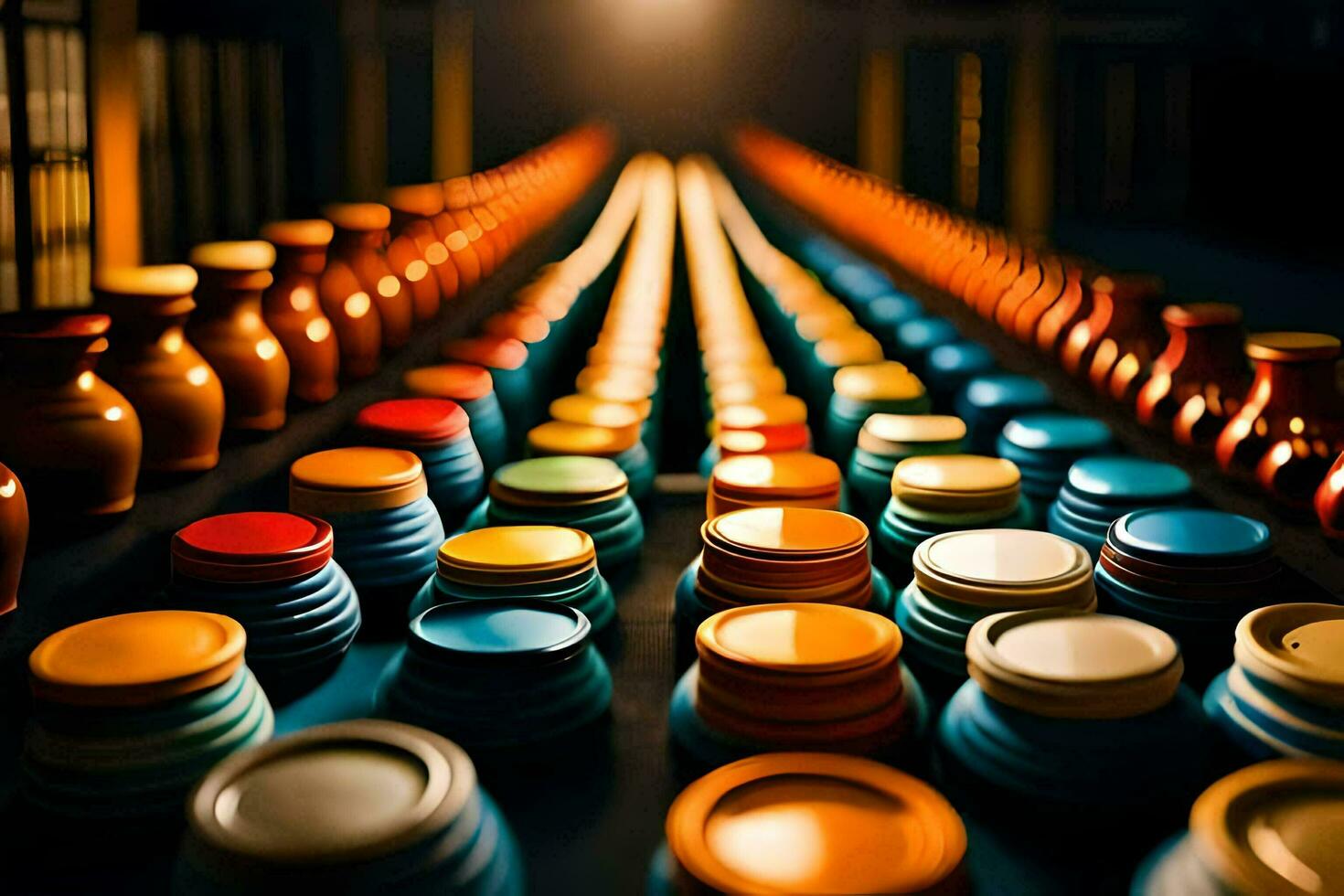 colorful vases are lined up in a row. AI-Generated photo