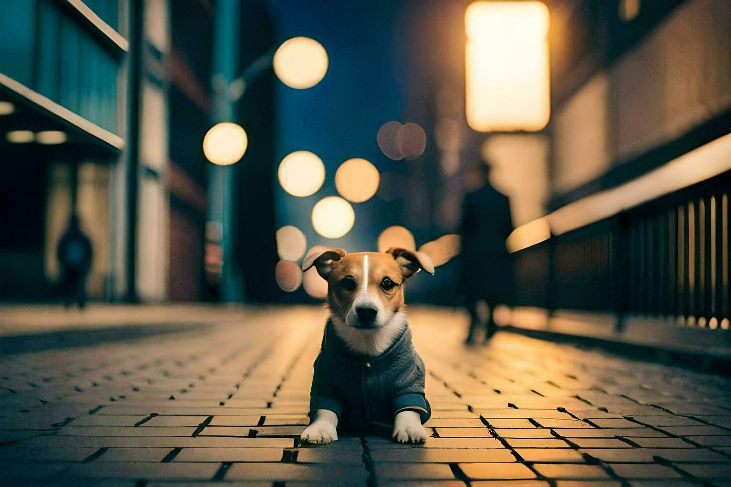 a dog sitting on the street at night. AI-Generated photo