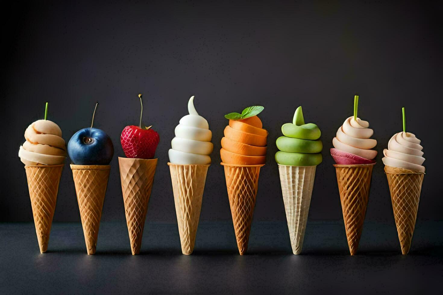 a row of ice cream cones with different types of fruit. AI-Generated photo